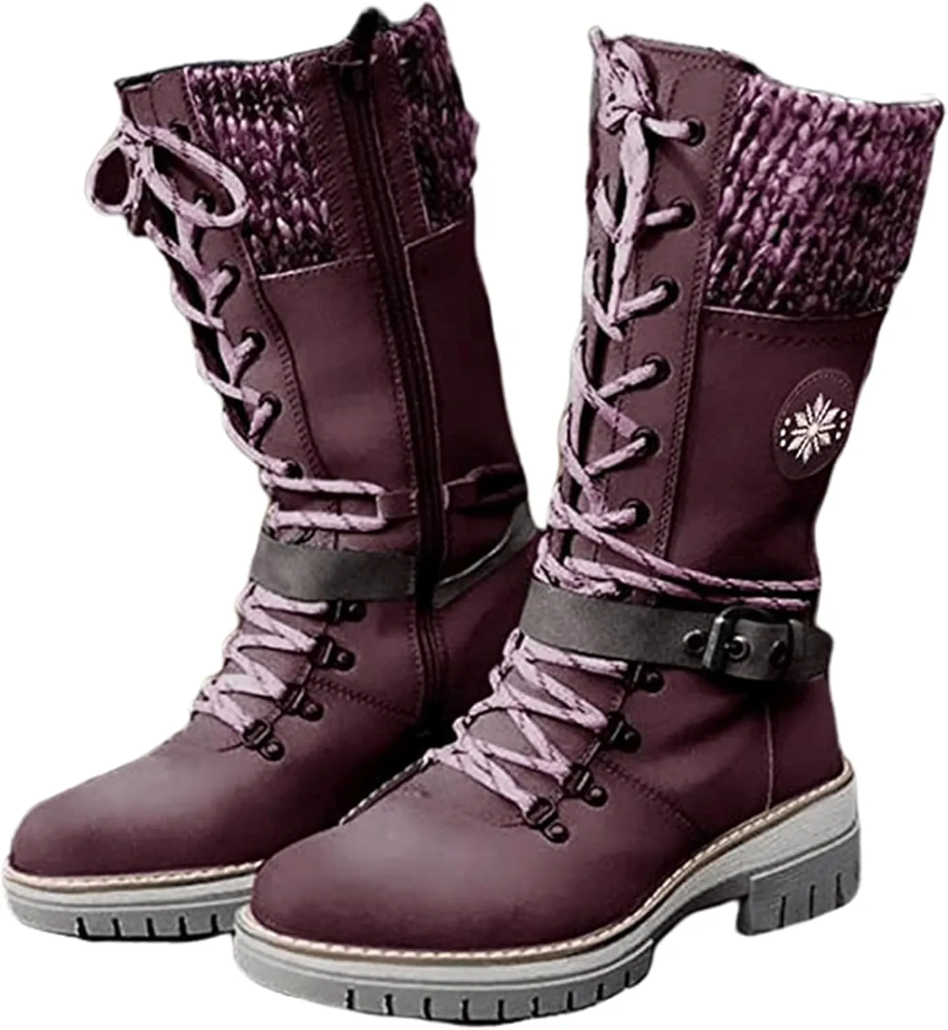 Motorcycle Boots Women Riding Mid Calf Low Heel Round-Toe Side Zip Punk Combat Boots Military Biker Ankle Booties