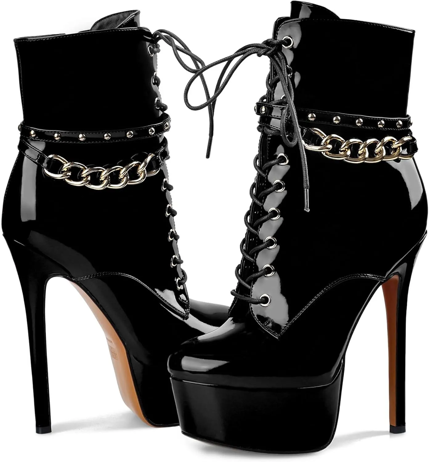 Oh Mispares Women's Platform Stiletto High Heel Ankle Boots Sexy Round Toe Lace Up High Heel Short Booties Patent Leather Dress Booties Shoes with Side Zipper 6 Inch
