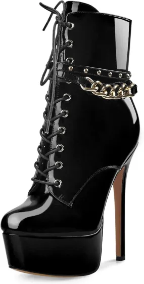 Oh Mispares Women's Platform Stiletto High Heel Ankle Boots Sexy Round Toe Lace Up High Heel Short Booties Patent Leather Dress Booties Shoes with Side Zipper 6 Inch
