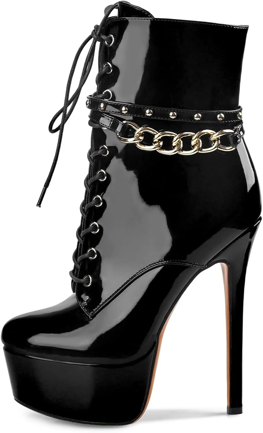 Oh Mispares Women's Platform Stiletto High Heel Ankle Boots Sexy Round Toe Lace Up High Heel Short Booties Patent Leather Dress Booties Shoes with Side Zipper 6 Inch