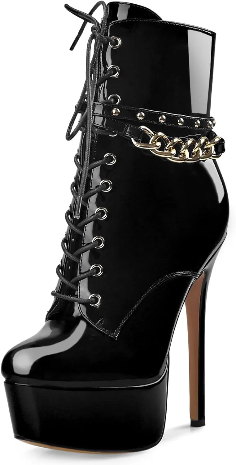 Oh Mispares Women's Platform Stiletto High Heel Ankle Boots Sexy Round Toe Lace Up High Heel Short Booties Patent Leather Dress Booties Shoes with Side Zipper 6 Inch