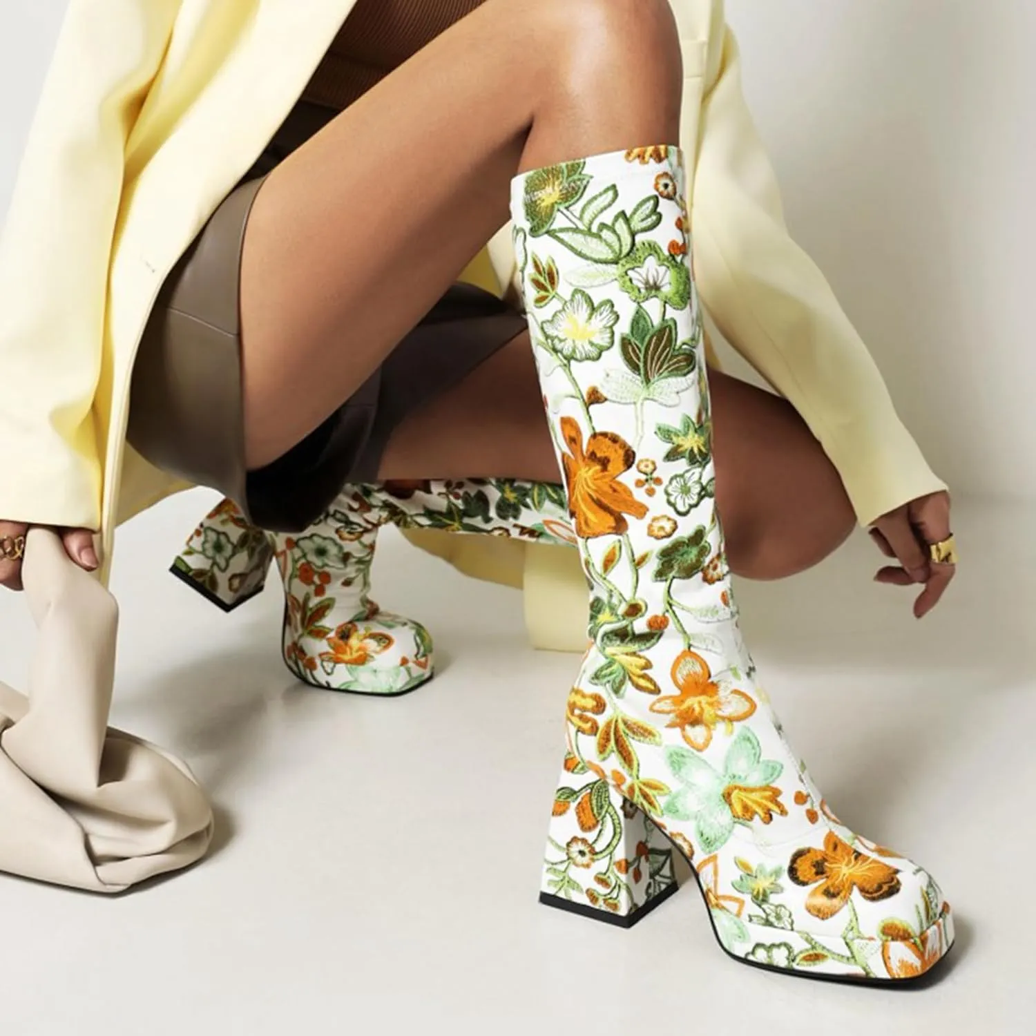 Platform Knee High Boots for Women High Chunky Heel Gogo Boots with Square Toe Rounded Toe Punk Combat Boots