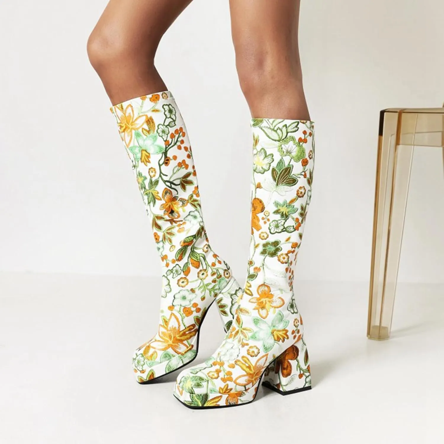 Platform Knee High Boots for Women High Chunky Heel Gogo Boots with Square Toe Rounded Toe Punk Combat Boots
