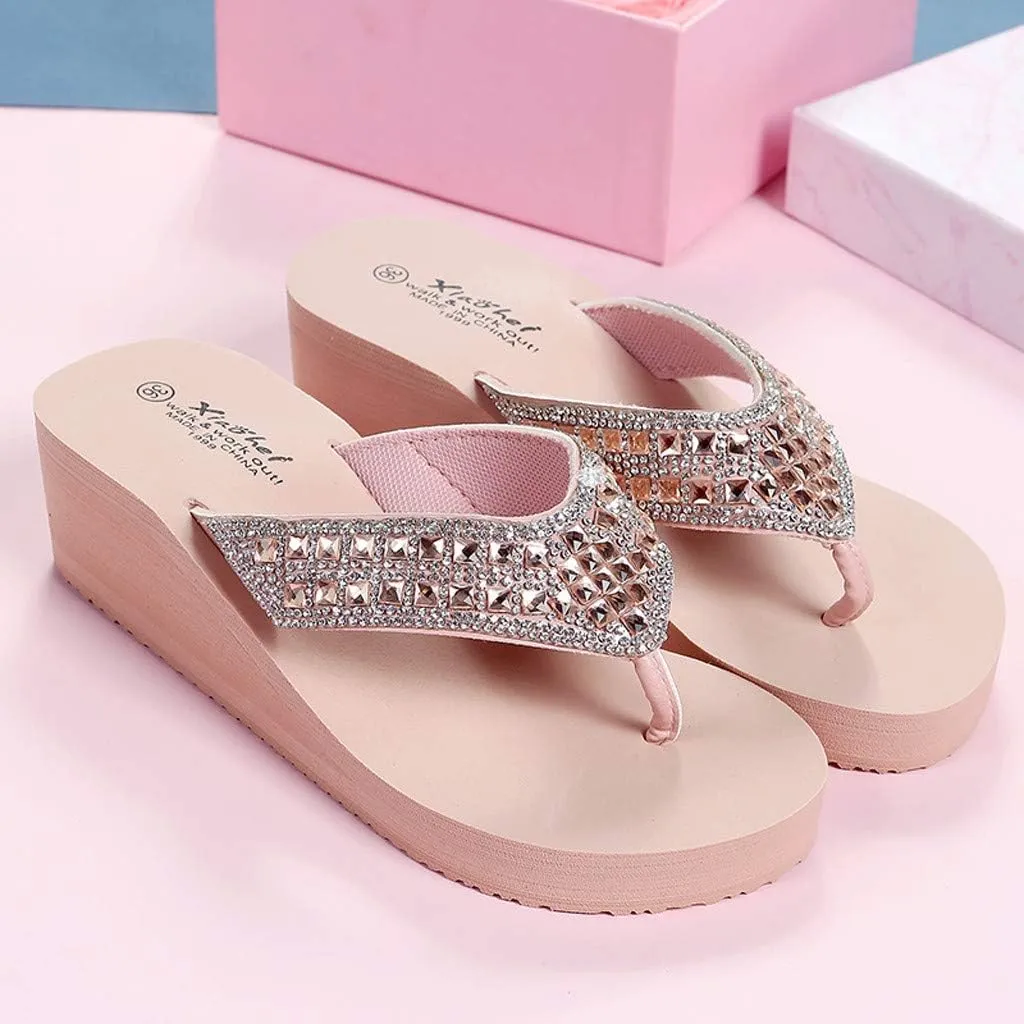 Rhinestone Womens Wedge Sandals for Women Platform Flip Flops Thong Wedge Beach Sandals Casual Comfortable Sandals