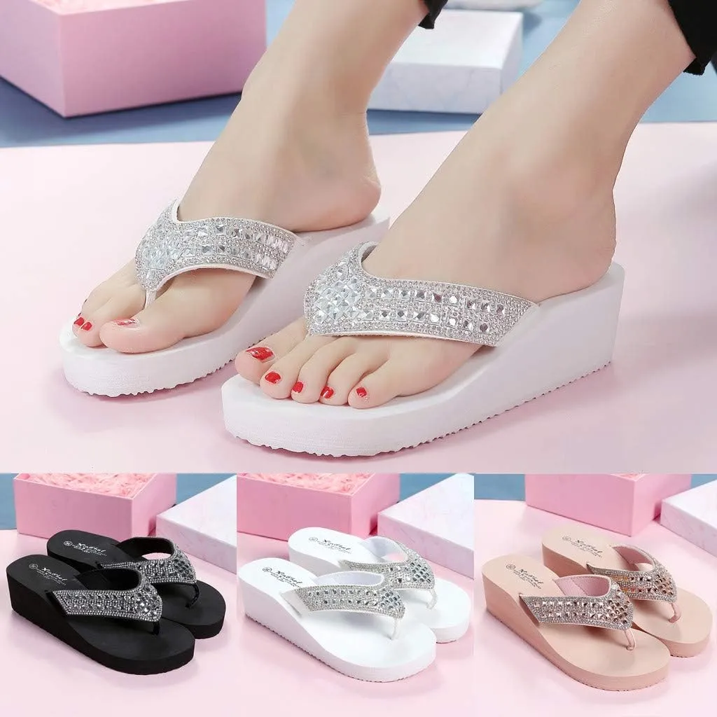 Rhinestone Womens Wedge Sandals for Women Platform Flip Flops Thong Wedge Beach Sandals Casual Comfortable Sandals