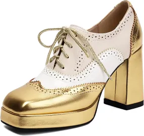 SACFOF Women Platform Oxford Shoes Lace Up Square Toe Wingtip Vintage Chunky Heel Ankle Booties Block High Heel Platform Pumps