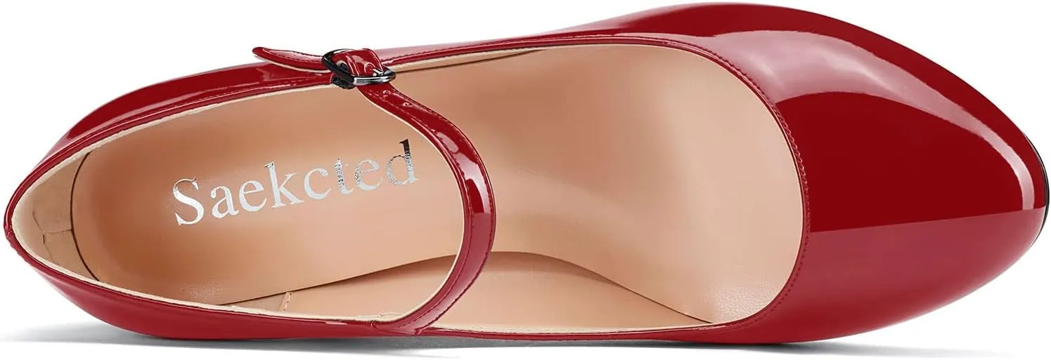 Saekcted Women Chunky Heel Pumps Mary Jane High Heels Round-Toe Shoes Dinner Wedding Pump 3Inch Block Heels