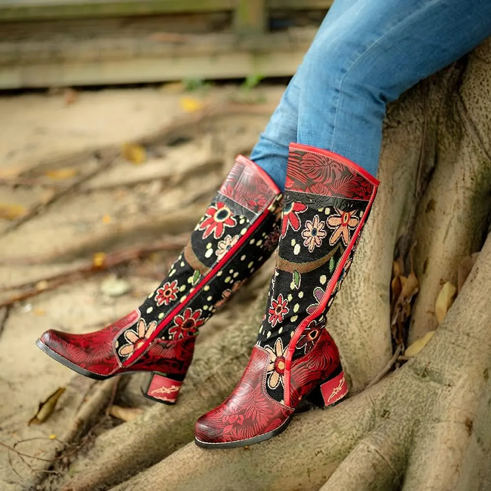 Socofy Womens Leather Knee Long Block Heels Boots, Vintage Long Boots Handmade Bohemian Boots Fur Lined Winter Snow Boots Cowgirls Wide Calf Splicing Pattern Anti Slip Walking Boots for Party Wedding