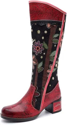 Socofy Womens Leather Knee Long Block Heels Boots, Vintage Long Boots Handmade Bohemian Boots Fur Lined Winter Snow Boots Cowgirls Wide Calf Splicing Pattern Anti Slip Walking Boots for Party Wedding