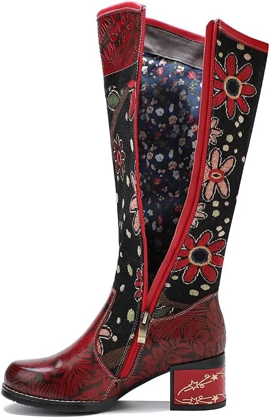 Socofy Womens Leather Knee Long Block Heels Boots, Vintage Long Boots Handmade Bohemian Boots Fur Lined Winter Snow Boots Cowgirls Wide Calf Splicing Pattern Anti Slip Walking Boots for Party Wedding