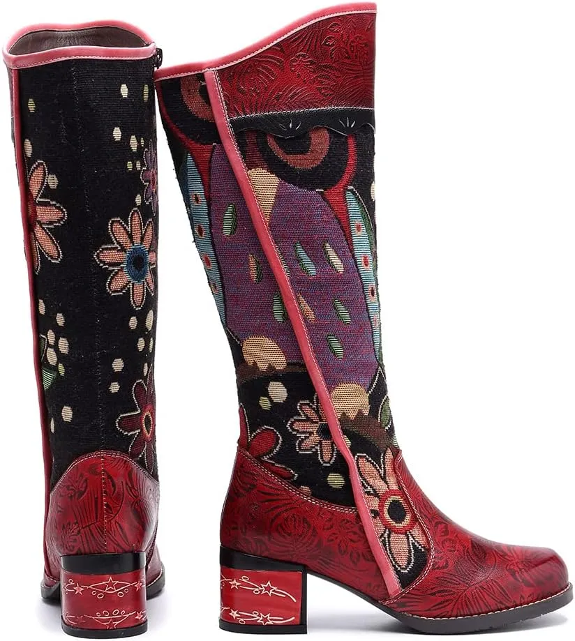 Socofy Womens Leather Knee Long Block Heels Boots, Vintage Long Boots Handmade Bohemian Boots Fur Lined Winter Snow Boots Cowgirls Wide Calf Splicing Pattern Anti Slip Walking Boots for Party Wedding