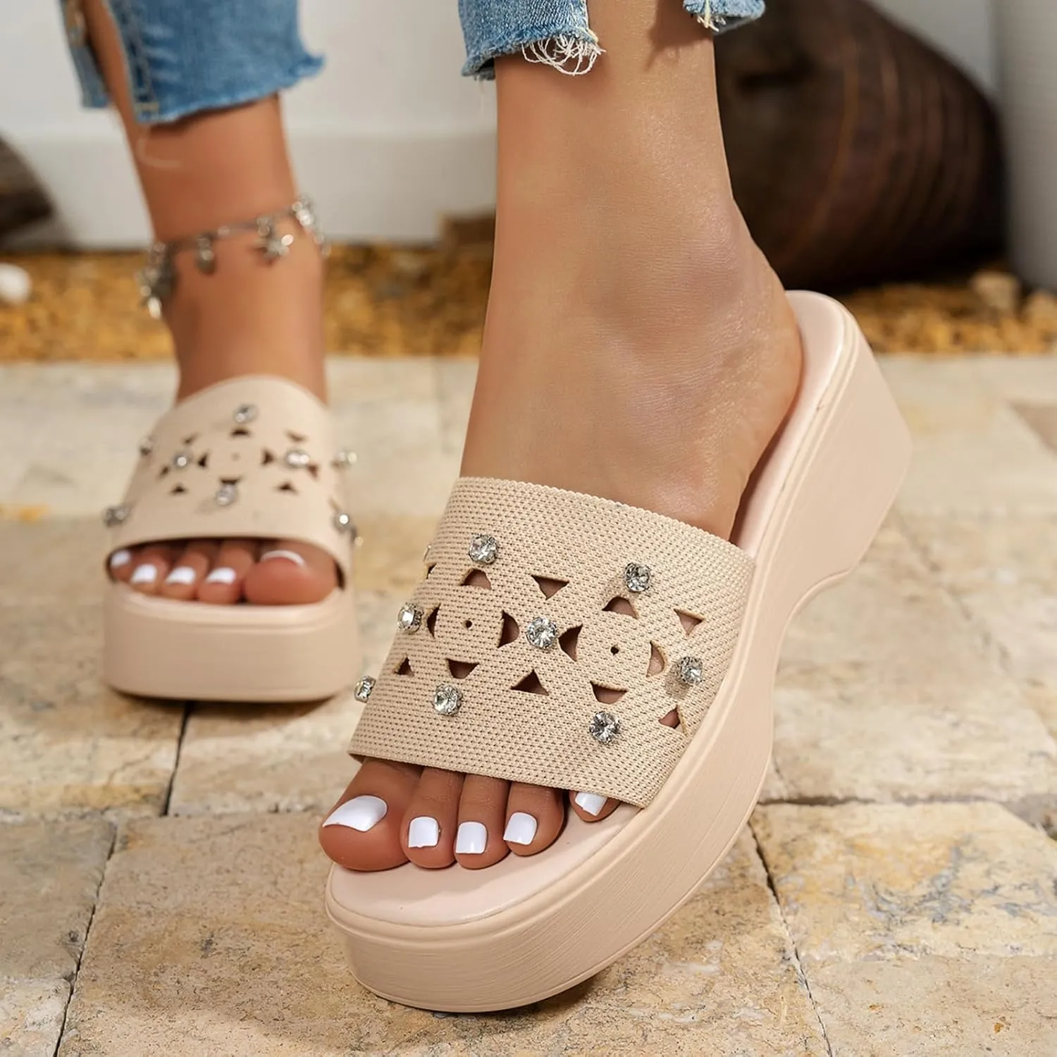 Summer Sandals for Women Platform Wedge Sandals Slip On Open Toe High Heel Shoes Fashion Hollow Trendy Shoes 2025