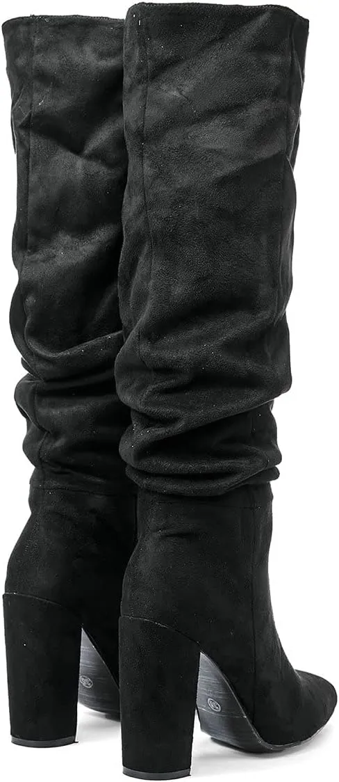 Trendenzy Women's Slouch Knee High Boots Pointed Toe Chunky Heel Long Boots