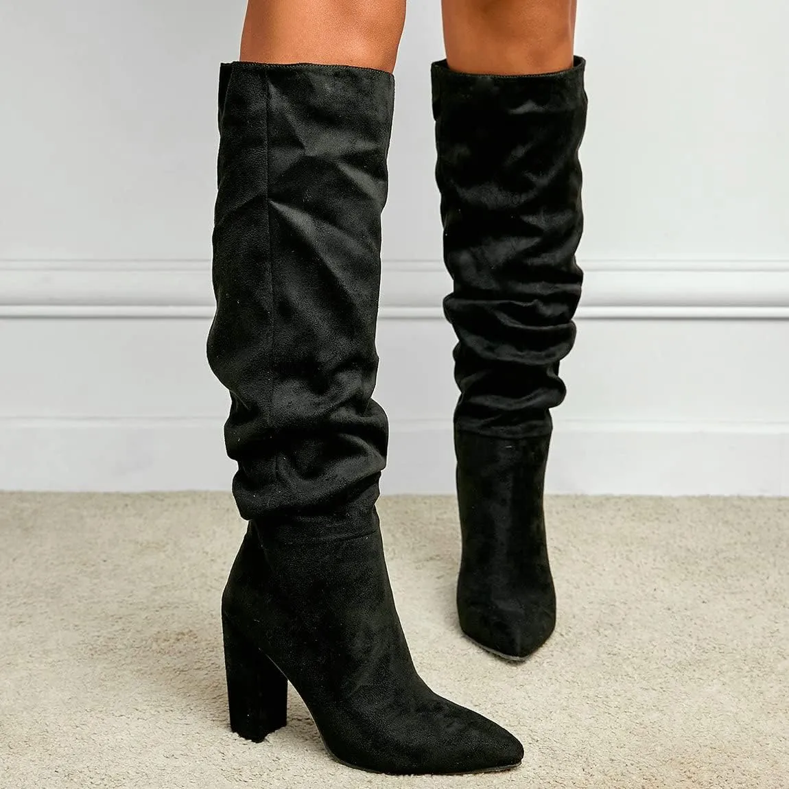 Trendenzy Women's Slouch Knee High Boots Pointed Toe Chunky Heel Long Boots