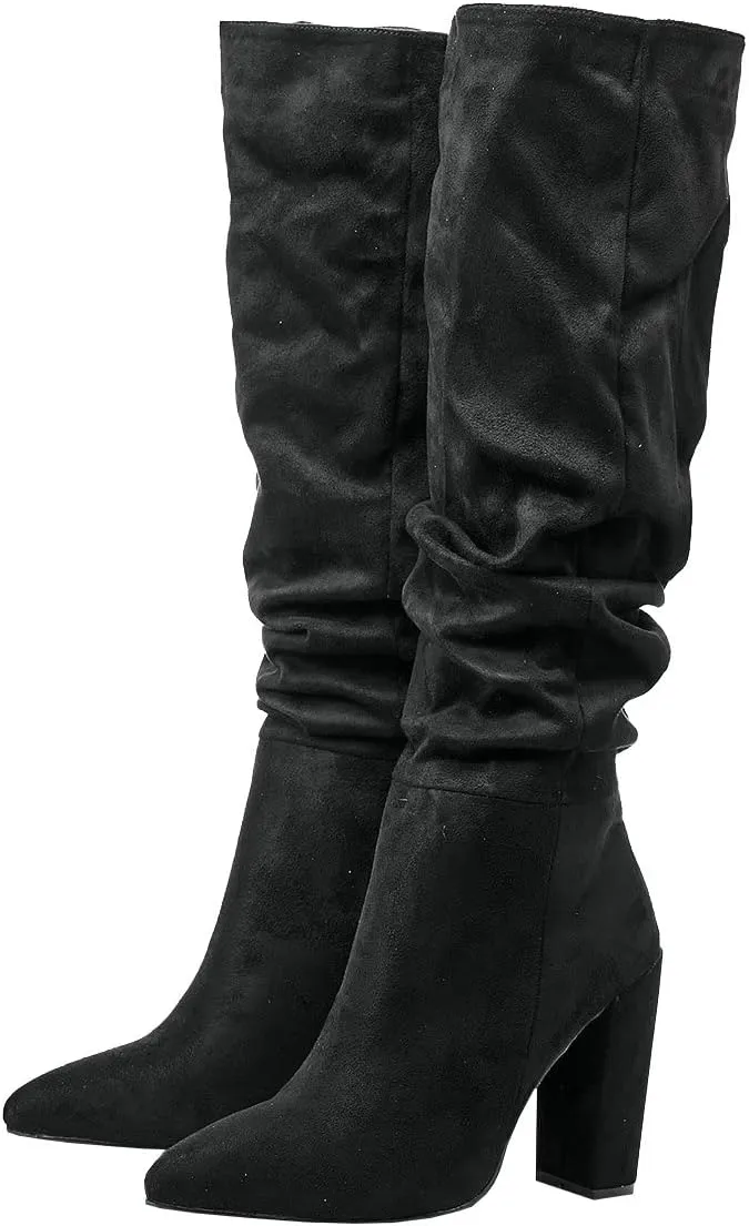 Trendenzy Women's Slouch Knee High Boots Pointed Toe Chunky Heel Long Boots