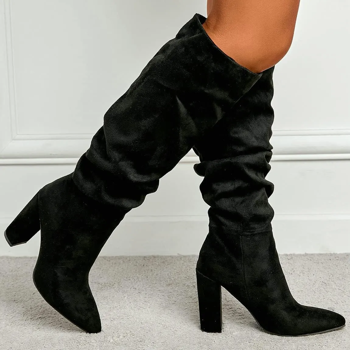 Trendenzy Women's Slouch Knee High Boots Pointed Toe Chunky Heel Long Boots