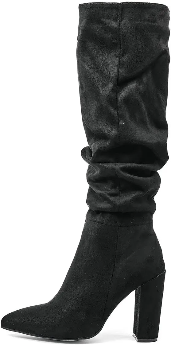 Trendenzy Women's Slouch Knee High Boots Pointed Toe Chunky Heel Long Boots