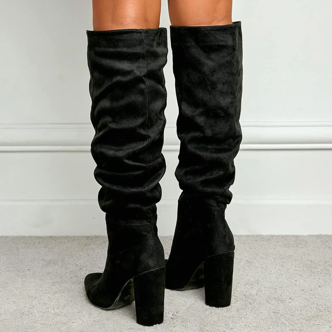 Trendenzy Women's Slouch Knee High Boots Pointed Toe Chunky Heel Long Boots