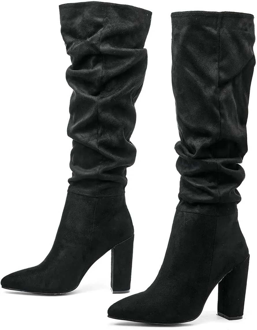 Trendenzy Women's Slouch Knee High Boots Pointed Toe Chunky Heel Long Boots