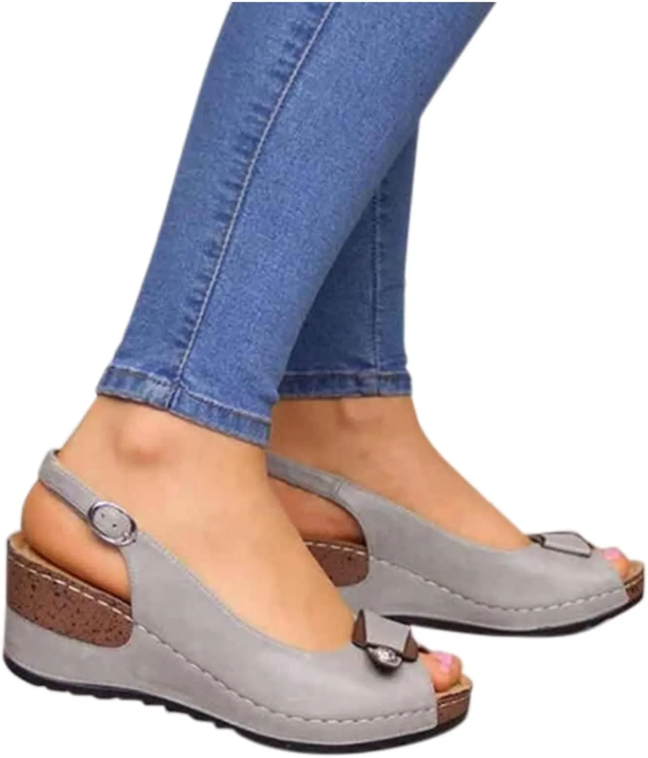 Wedge Sandals for Women Dressy Breathable Slip On Walking Sandals Peep Toe Slingback with Adjustable Back Ankle Metal Buckle Beach Walking Shoes