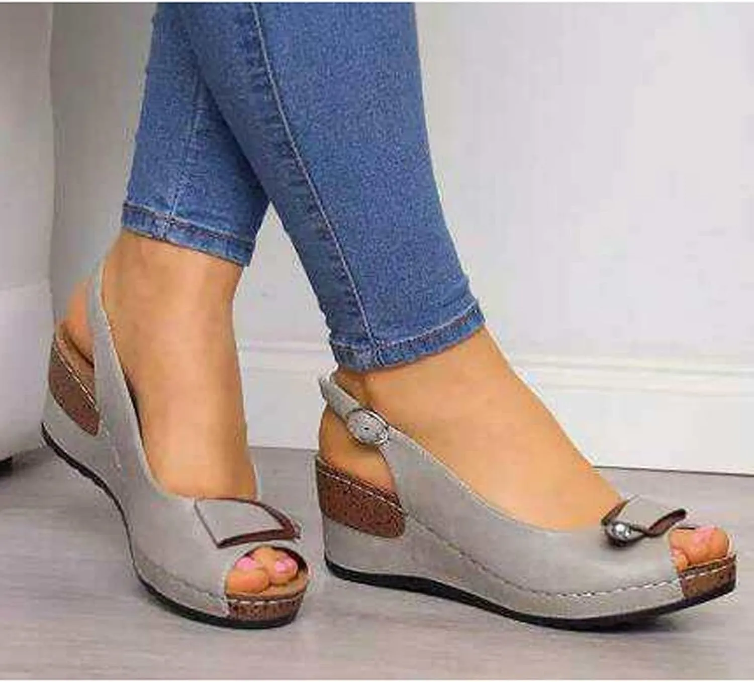 Wedge Sandals for Women Dressy Breathable Slip On Walking Sandals Peep Toe Slingback with Adjustable Back Ankle Metal Buckle Beach Walking Shoes