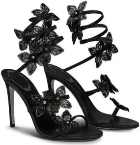 Women Rhinestone Flowers High Heel Open Round Toe Spiral Wrap Around Sandals Sexy Sparkly Bling Ankle Strap High Heel