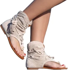Women's Bohemian Tassel Sandals, Gladiator Fringe Flat Clip Toe Ankle Beach Sandals T-Strap Open-Toe Flip Flops Sandals