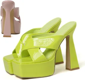 Women's Patent Leather Platform Chunky High Heel Mules Sandals,Comfortable Square Open Toe Block Heel Sandals, Sexy Party Dancing High Heels