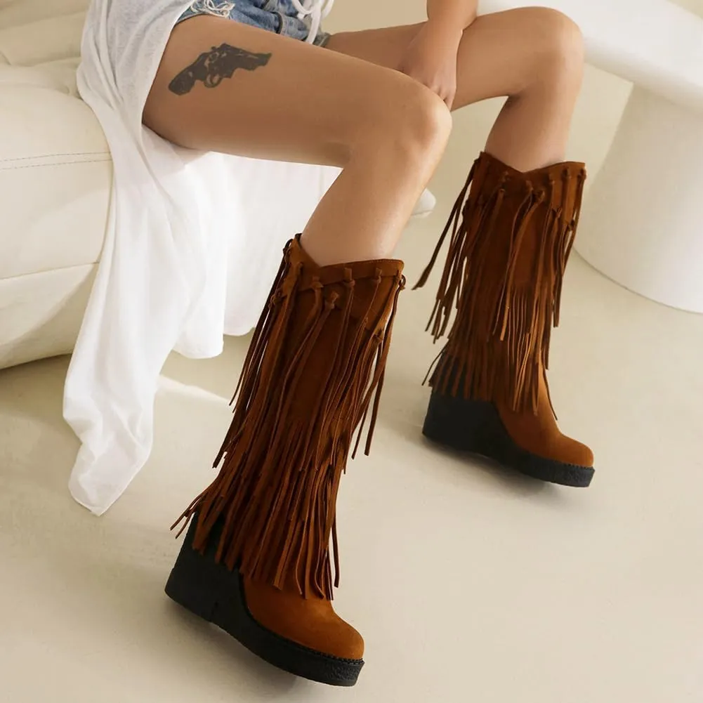 Women's Tassel Wedges Heel Long Boots Fringe Wide Calf Snow Boots