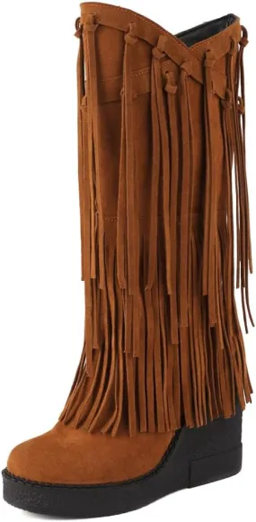 Women's Tassel Wedges Heel Long Boots Fringe Wide Calf Snow Boots