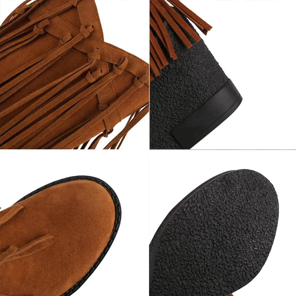 Women's Tassel Wedges Heel Long Boots Fringe Wide Calf Snow Boots