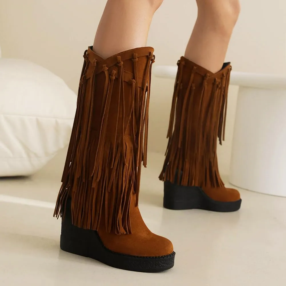 Women's Tassel Wedges Heel Long Boots Fringe Wide Calf Snow Boots