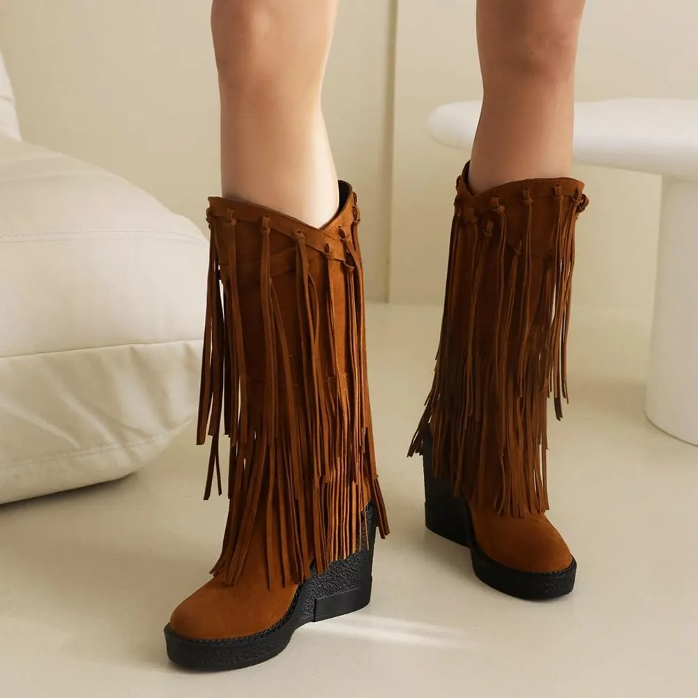 Women's Tassel Wedges Heel Long Boots Fringe Wide Calf Snow Boots