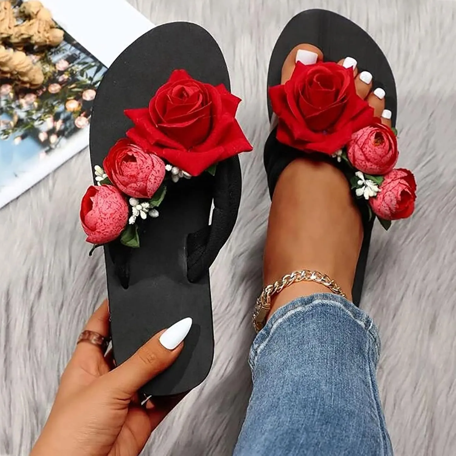Women's Wedge Sandals Flats Bohemian with Flower Pattern Stylish Lightweight 2025 Summer Comfortable Shoe