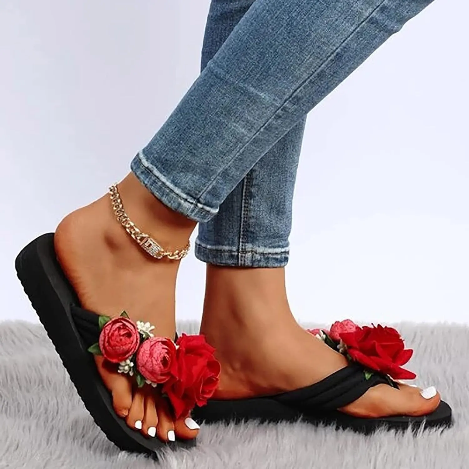 Women's Wedge Sandals Flats Bohemian with Flower Pattern Stylish Lightweight 2025 Summer Comfortable Shoe