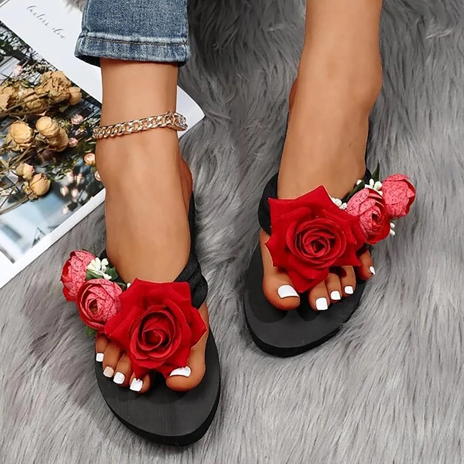Women's Wedge Sandals Flats Bohemian with Flower Pattern Stylish Lightweight 2025 Summer Comfortable Shoe