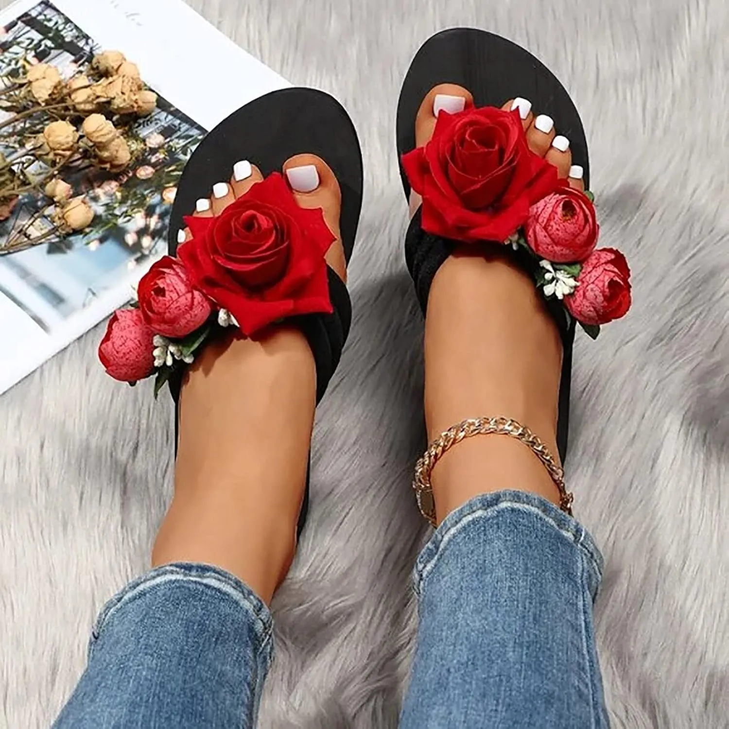 Women's Wedge Sandals Flats Bohemian with Flower Pattern Stylish Lightweight 2025 Summer Comfortable Shoe
