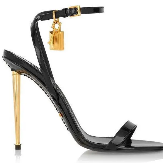 XIANGTUIBAO European Station Tom Solid Color Mirror Padlock Ankle-Strap Buckle Sexy High Heel Sandals Sexy Heels