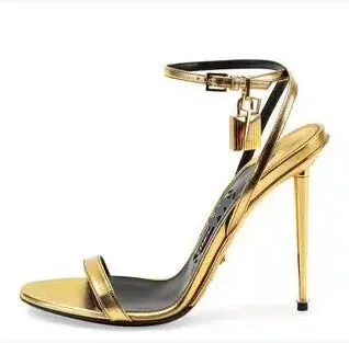 XIANGTUIBAO European Station Tom Solid Color Mirror Padlock Ankle-Strap Buckle Sexy High Heel Sandals Sexy Heels