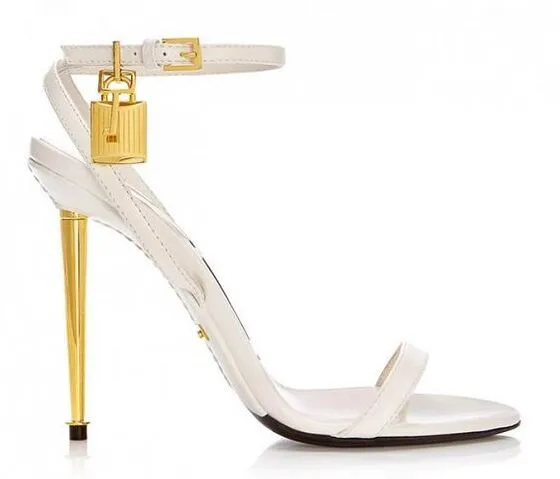 XIANGTUIBAO European Station Tom Solid Color Mirror Padlock Ankle-Strap Buckle Sexy High Heel Sandals Sexy Heels
