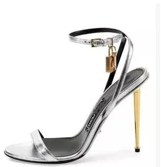 XIANGTUIBAO European Station Tom Solid Color Mirror Padlock Ankle-Strap Buckle Sexy High Heel Sandals Sexy Heels
