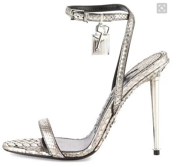 XIANGTUIBAO European Station Tom Solid Color Mirror Padlock Ankle-Strap Buckle Sexy High Heel Sandals Sexy Heels